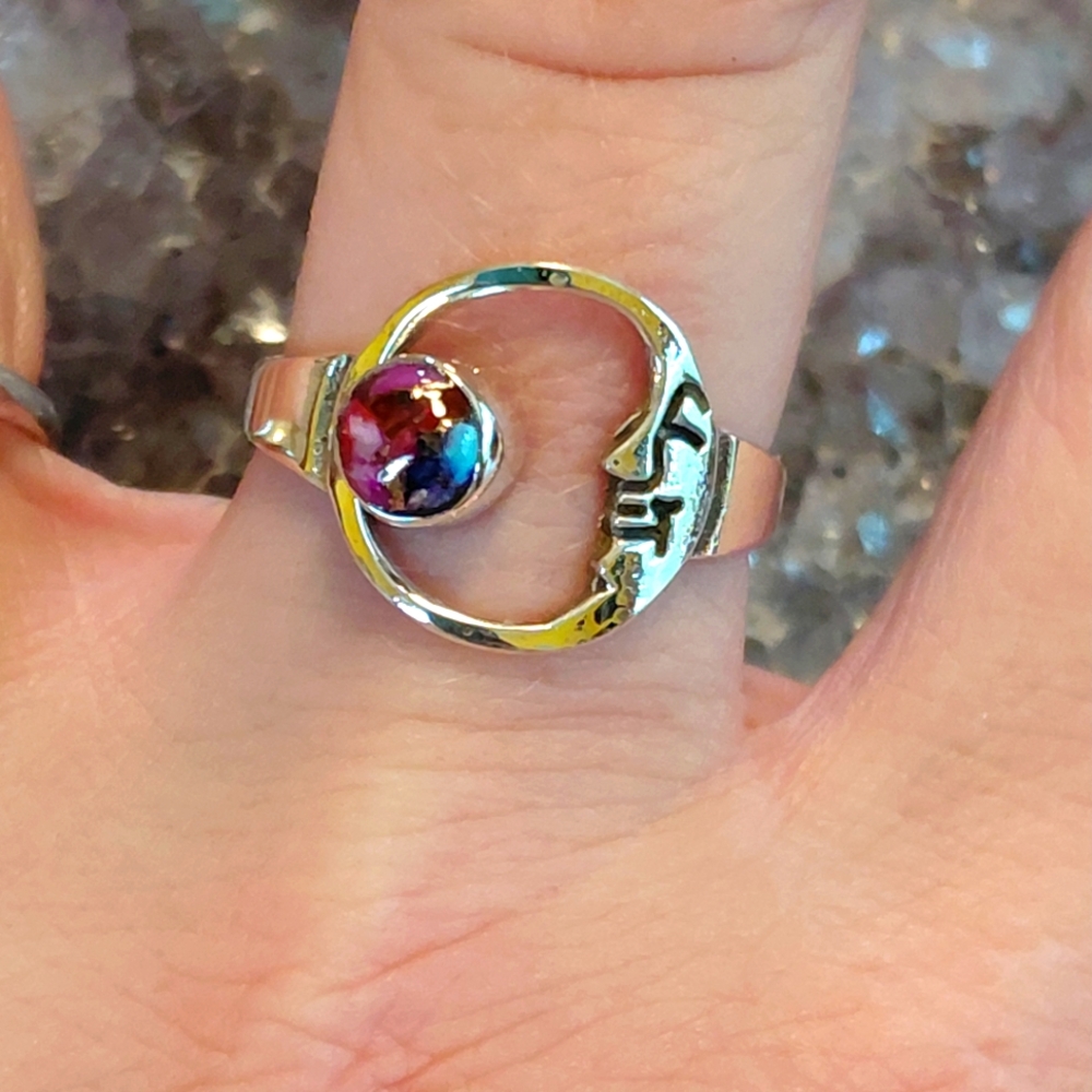 Crescent Moon Pink Dhalia Sterling Silver Ring